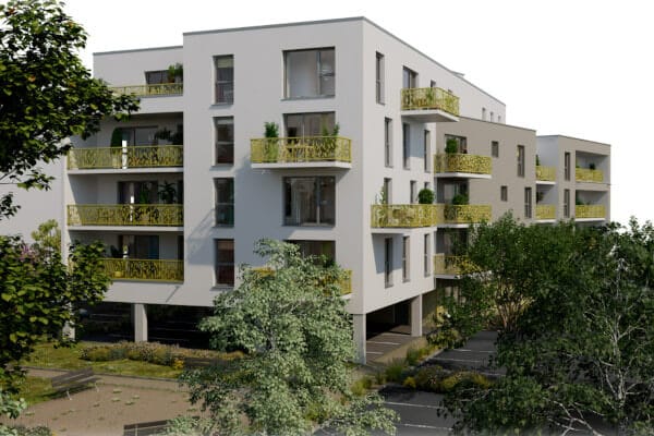Hexagone WAMBRECHIES programme immobilier neuf appartements Pinel PTZ coté bancs arbres
