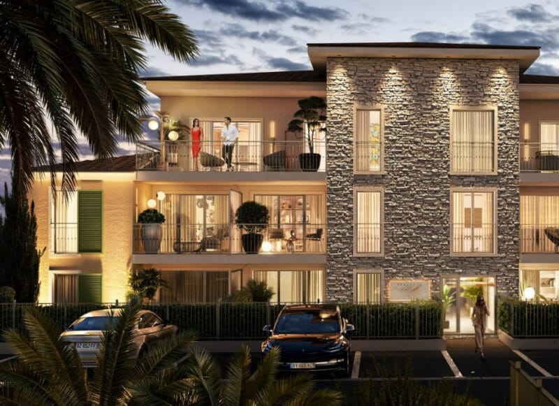 Peaceful Cogolin Résidence appartements neufs Pinel PTZ façade entrée éclairée palmiers
